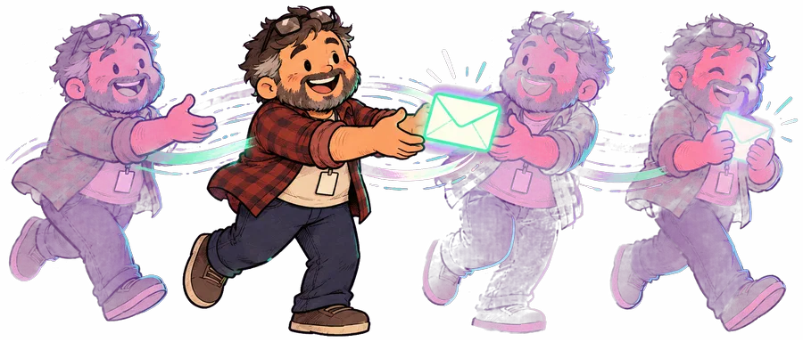 Dex, a bearded developer in a red flannel shirt